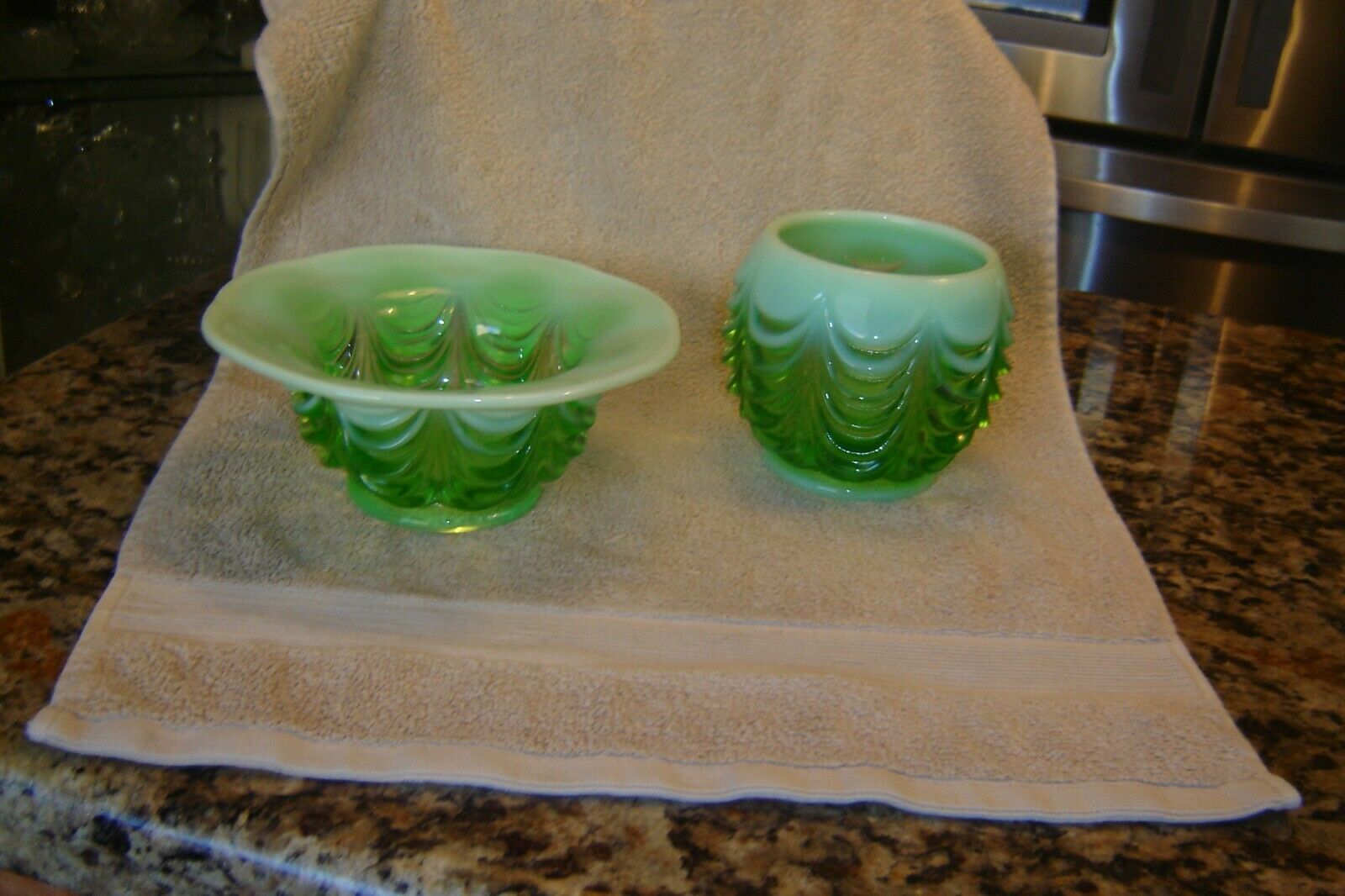 Mosser Green Opalescent Drape Pattern 2 types of bowls, Flared Top & Closed Top