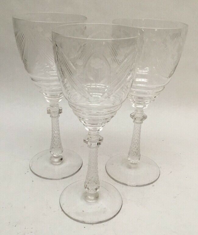 Vintage Libbey Rock Sharpe Set Of 3 1013-6 Wine/water Goblets Glasses Cut Floral