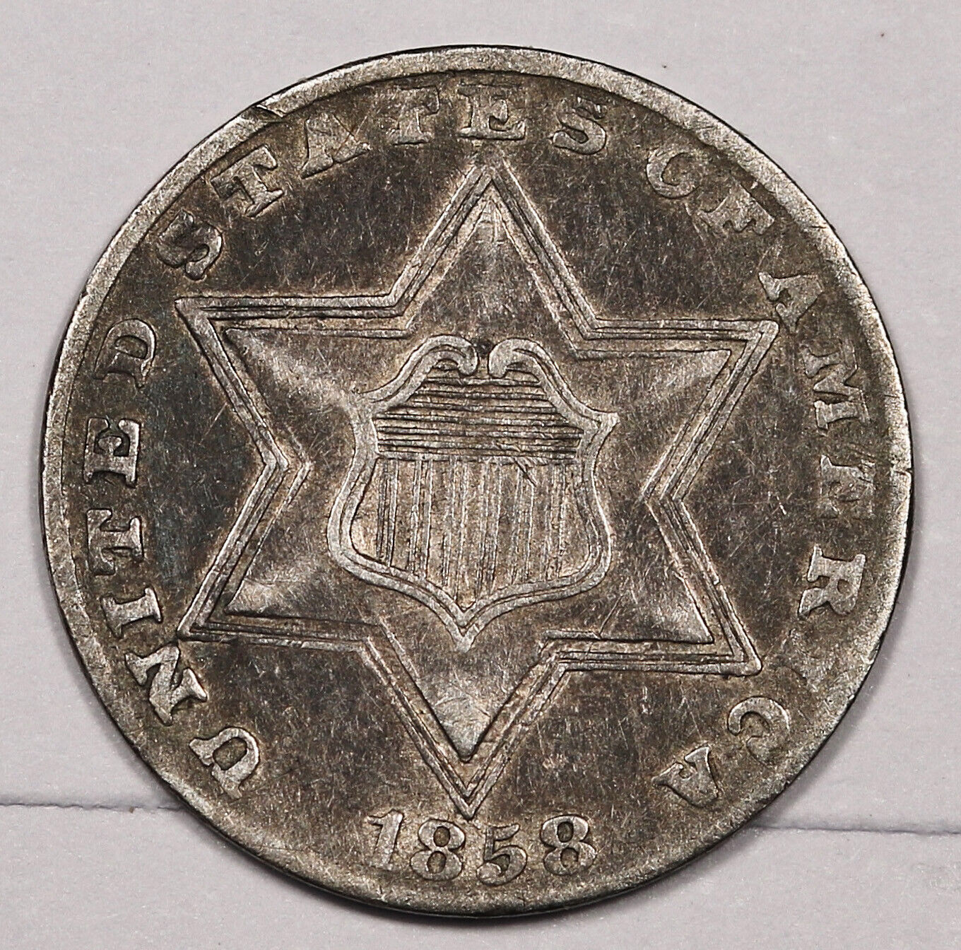 1858 Three Cent Silver.   AU.  175396