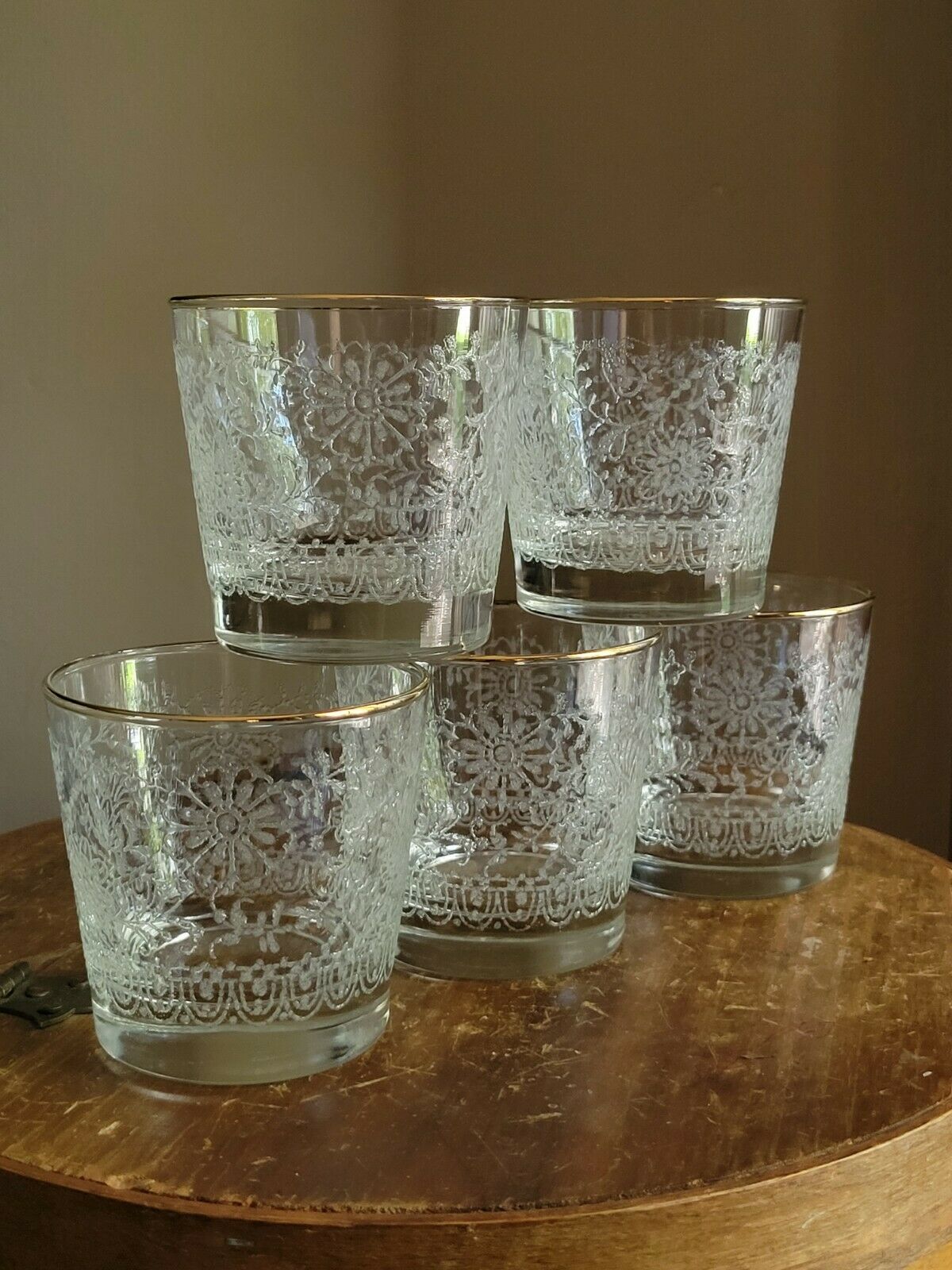 Lot 5 Libbey Glass Lace Old Fashioned Cocktail Juice White Scroll 3 1/4" Vintage