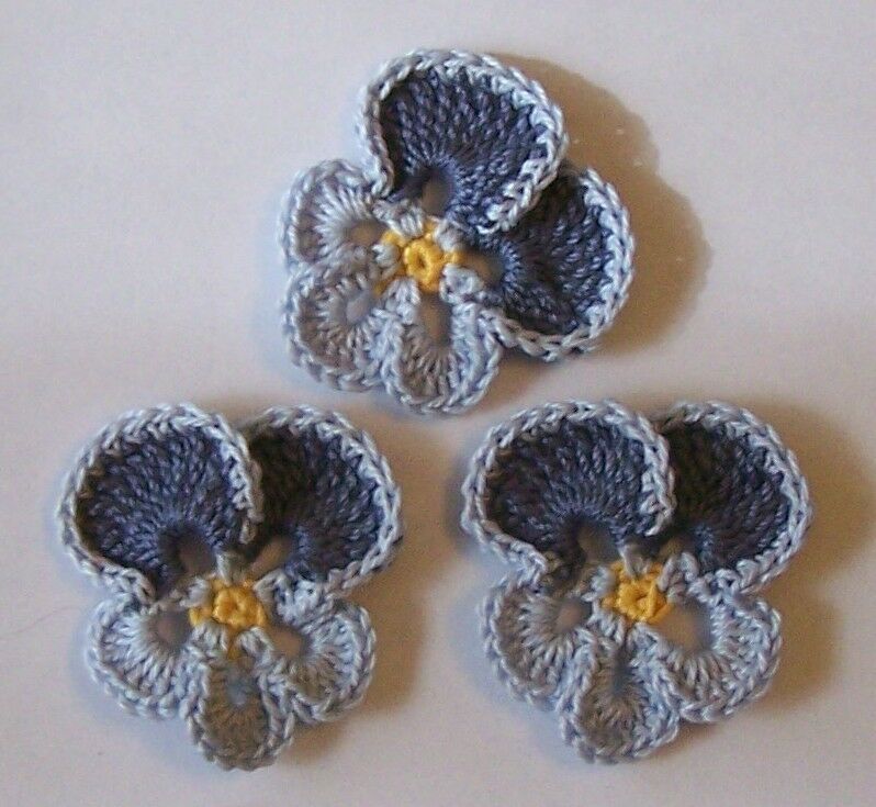 Lot of 3 Hand Crochet Flowers - Dusty Blue Pansy- made in the USA