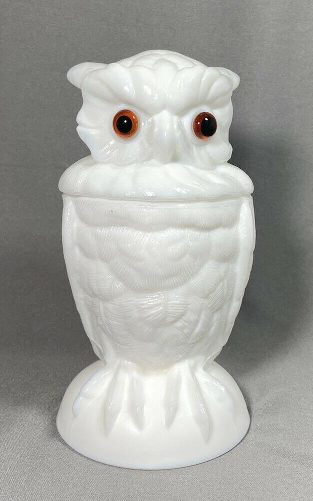 Mosser  Milk Glass White Owl Jar Candy Dish 6.5
