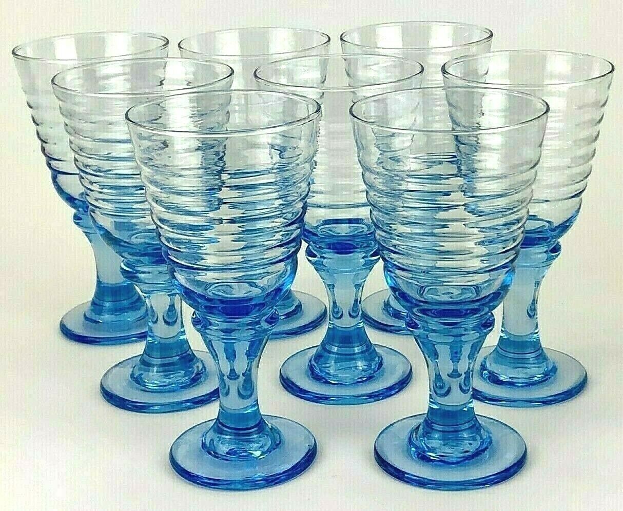 Set Of 8 Vintage Libbey Sirrus Sky Blue 12oz Wine Water Tea Glasses Goblets