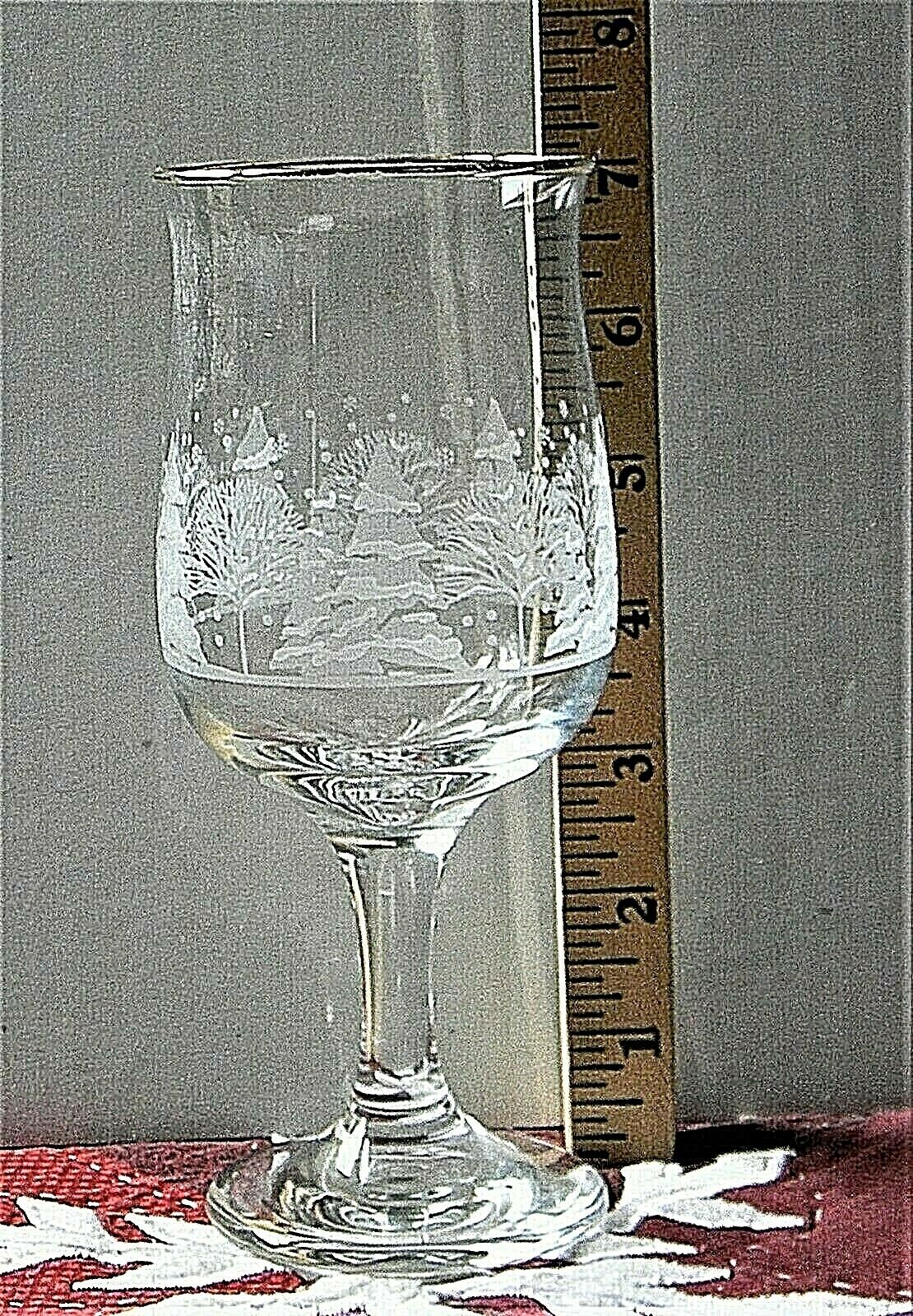 Libby Gold Rimmed Christmas Winter Frosted Tree Glasses 7" Tall Holiday Stem