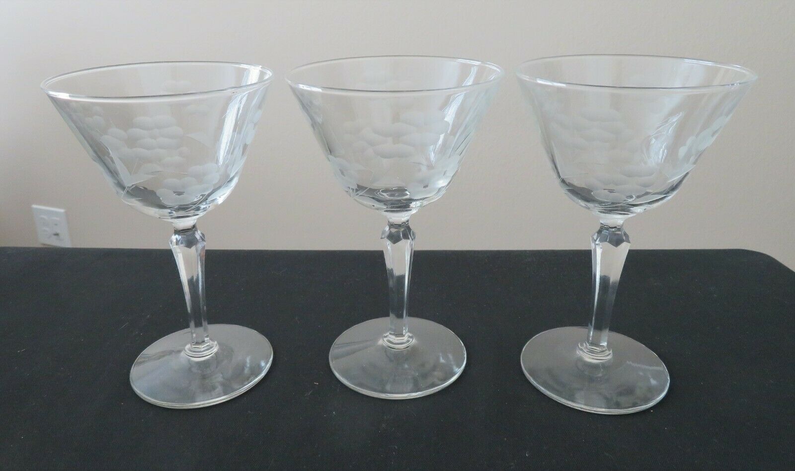 3 Vintage Libbey Embassy Rock Sharpe Gray Cut Floral Champagne Stems1950-60's