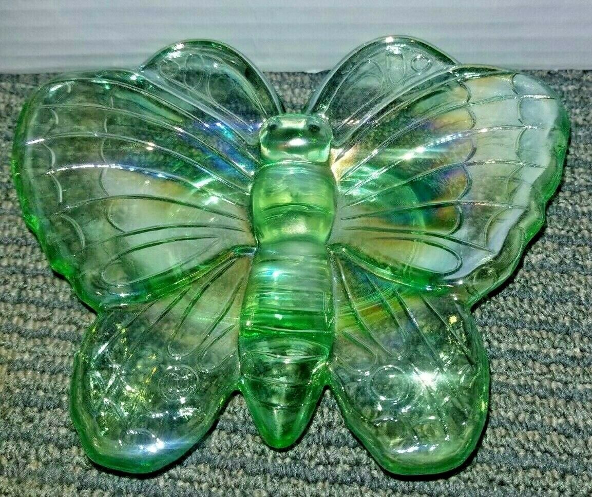 Mosser Glass Butterfly Green Iridescent Carnival Dish Paperweight Marked