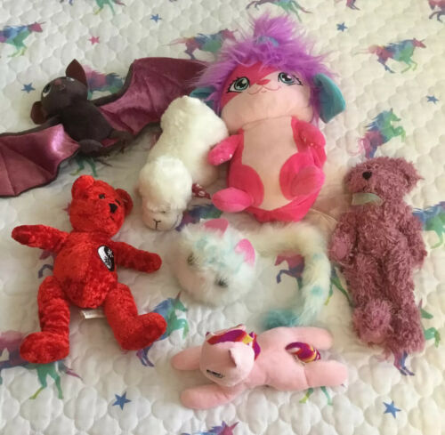 Lot Of 7 Plush Stuffed Toys Popples Sunny Animals Bat Bear Sheep
