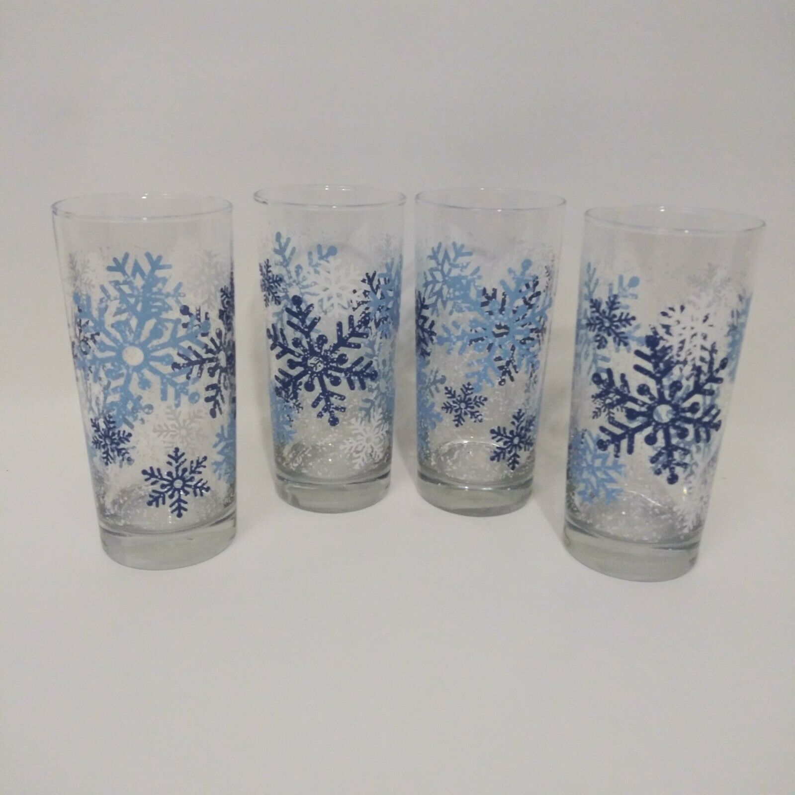 Libbey Blue & White Snowflakes 14oz Flat Tumblers Glasses High Ball Set Of 4