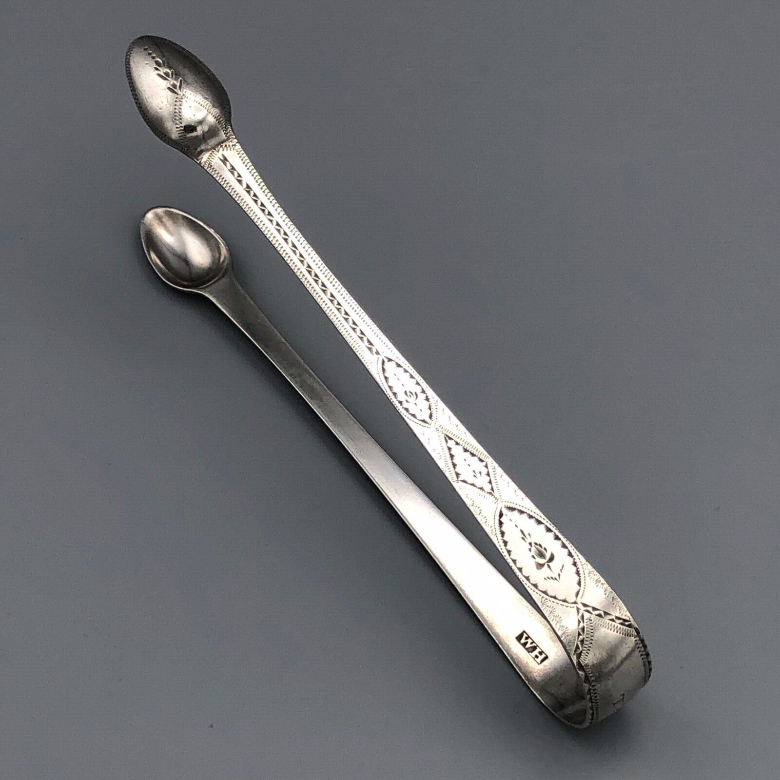 Antique George Iii Sterling Silver Tongs Bright Cut Late 1700s