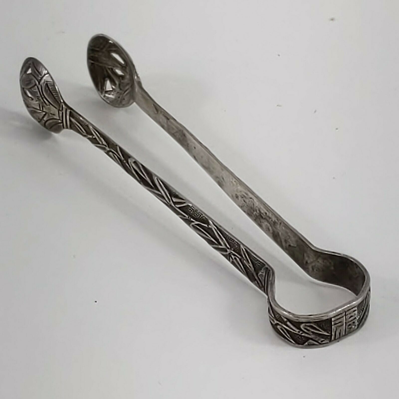 Antique Asian Import Sugar Tongs Bamboo Design Silver Tone (Sterling Silver?)