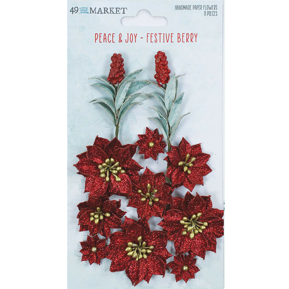 49 And Market Peace And Joy Festive Berry Red Glitter Flowers 11 Pcs #vpj-34673