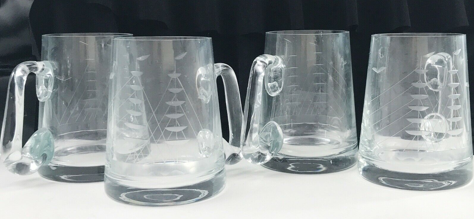 Poland Made Mugs Vintage Heavy Glass Steins 4 Cup Nautical Etched Sail Ship Bar